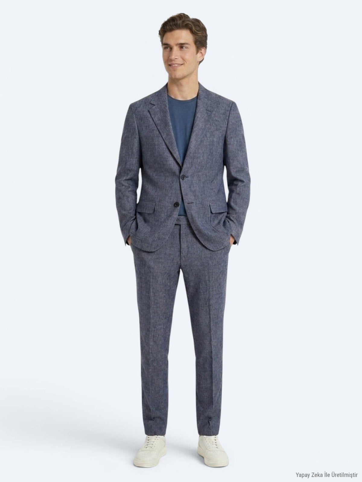 Blaues gemustertes Modern Fit Leinenanzug