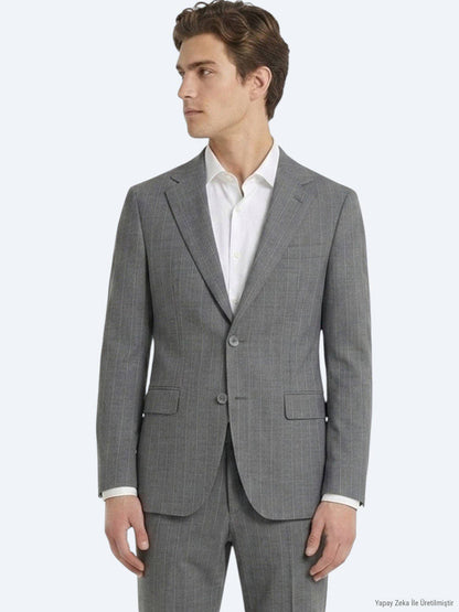 Grau Gestreifter Modern Fit Anzug aus Velours