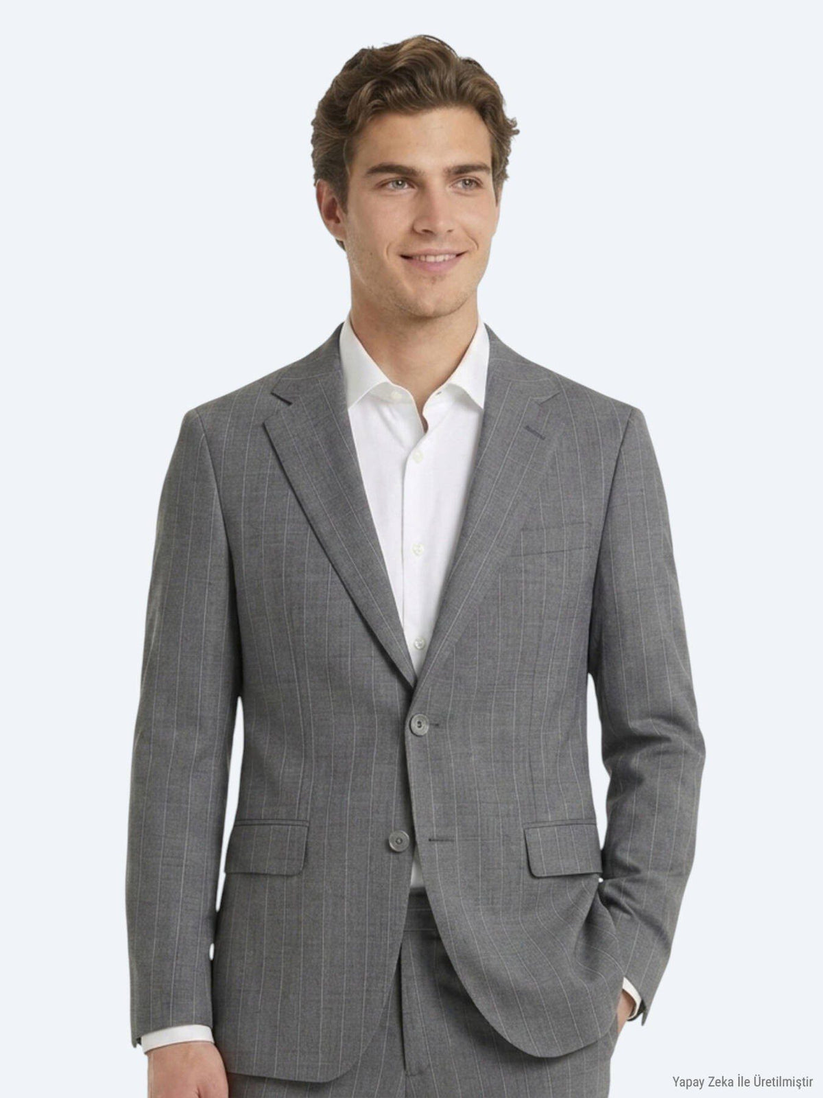 Grau Gestreifter Modern Fit Anzug aus Velours
