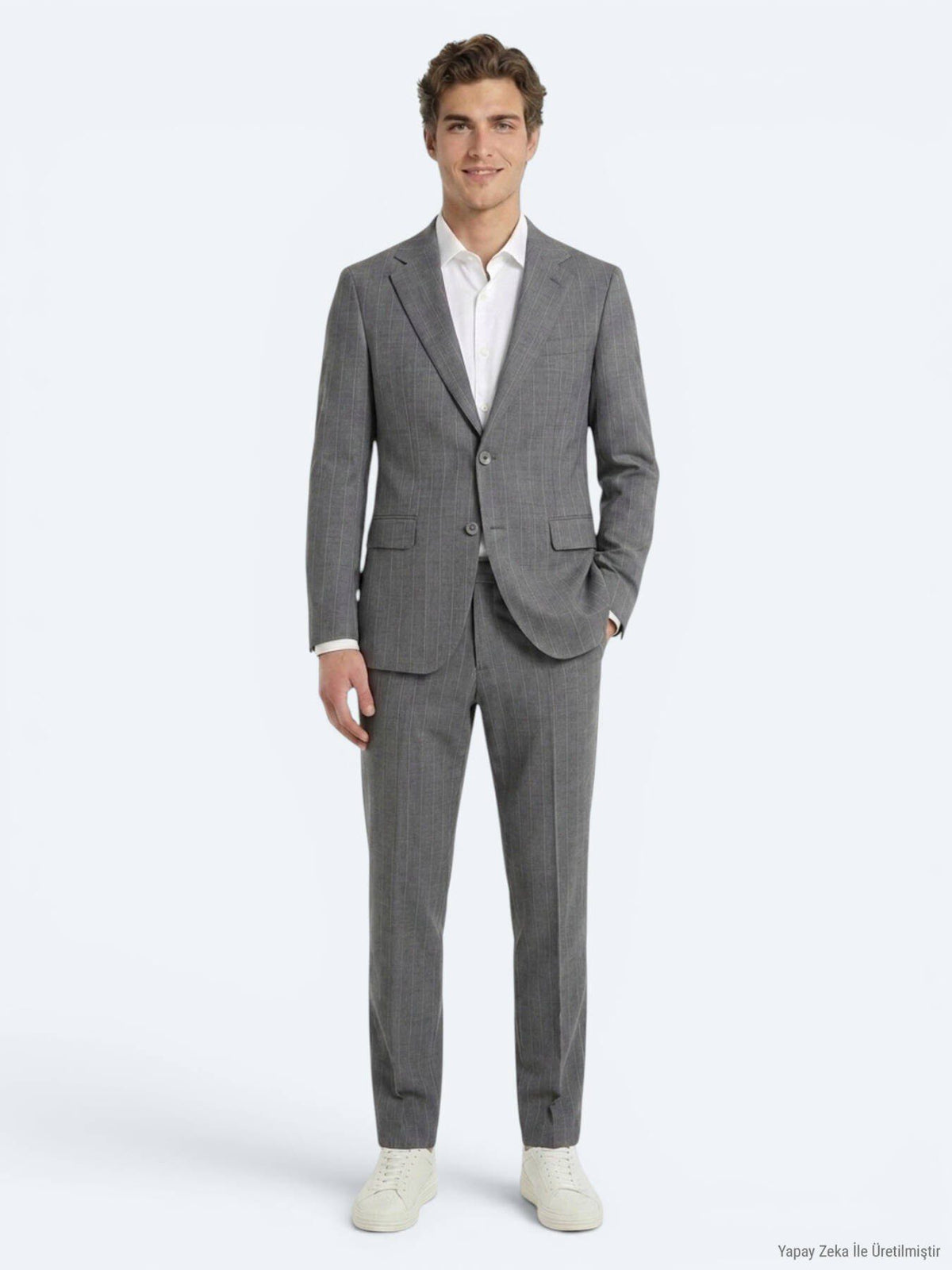 Grau Gestreifter Modern Fit Anzug aus Velours