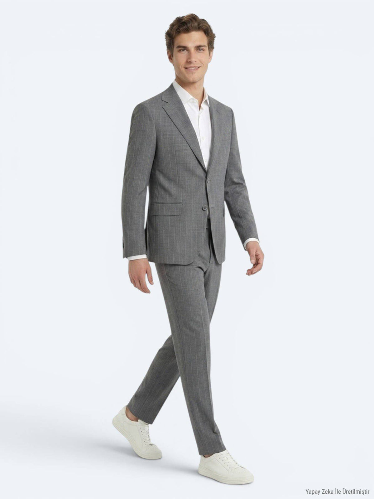 Grau Gestreifter Modern Fit Anzug aus Velours