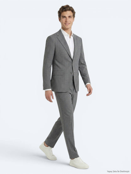 Grau Gestreifter Modern Fit Anzug aus Velours
