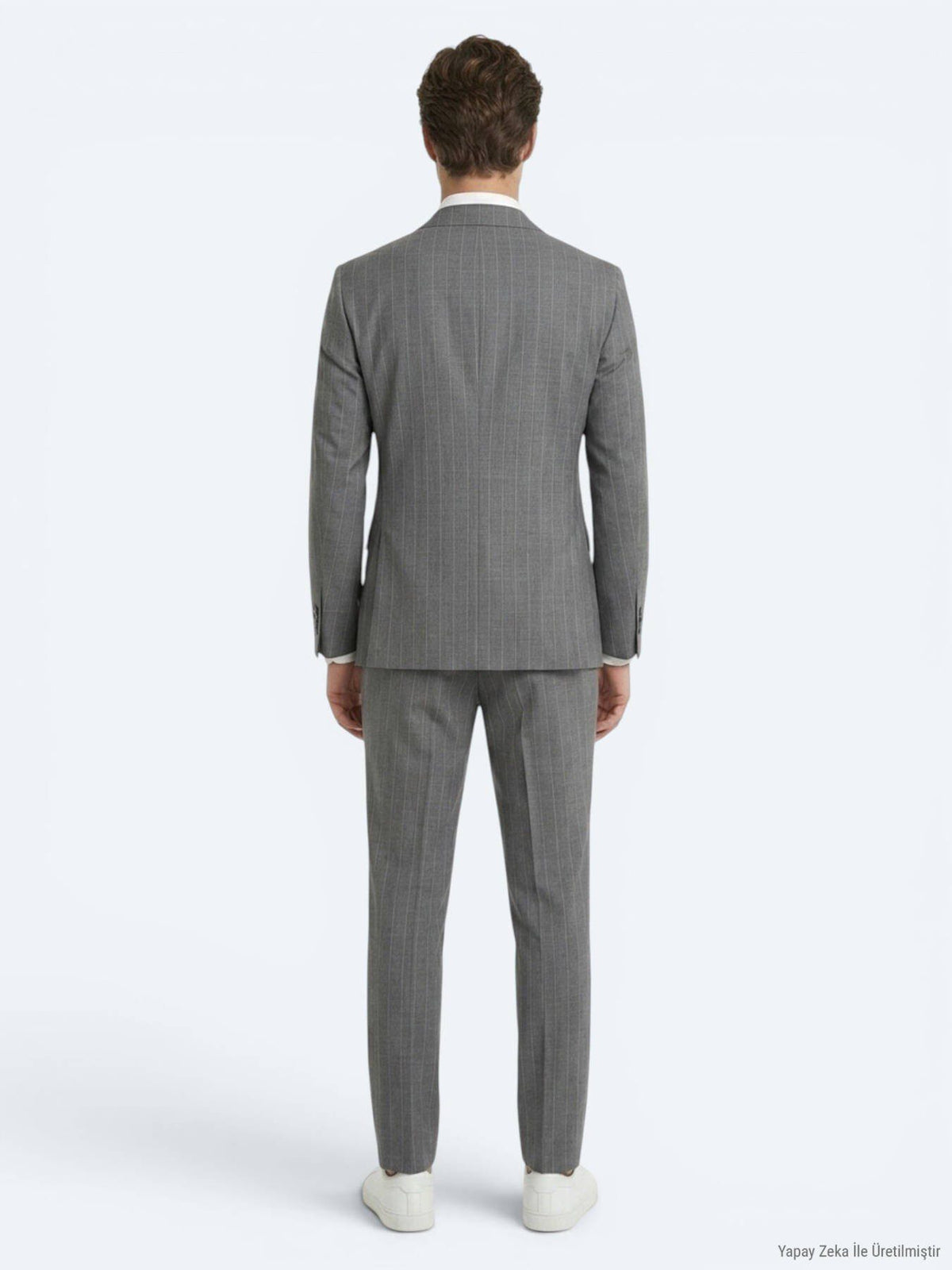 Grau Gestreifter Modern Fit Anzug aus Velours