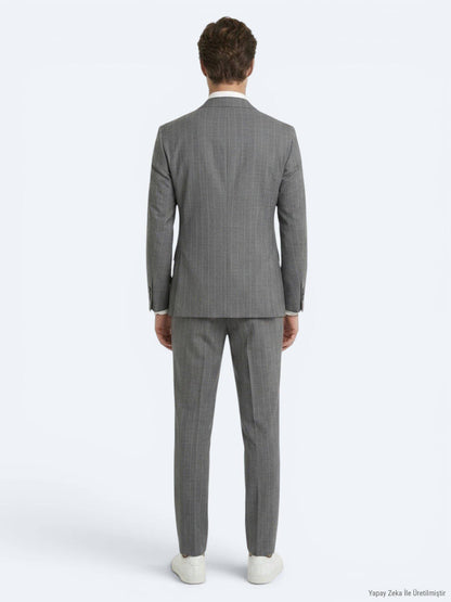 Grau Gestreifter Modern Fit Anzug aus Velours