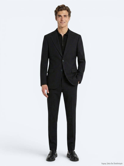 Schwarzer Micro Modern Fit Anzug 100% Wolle
