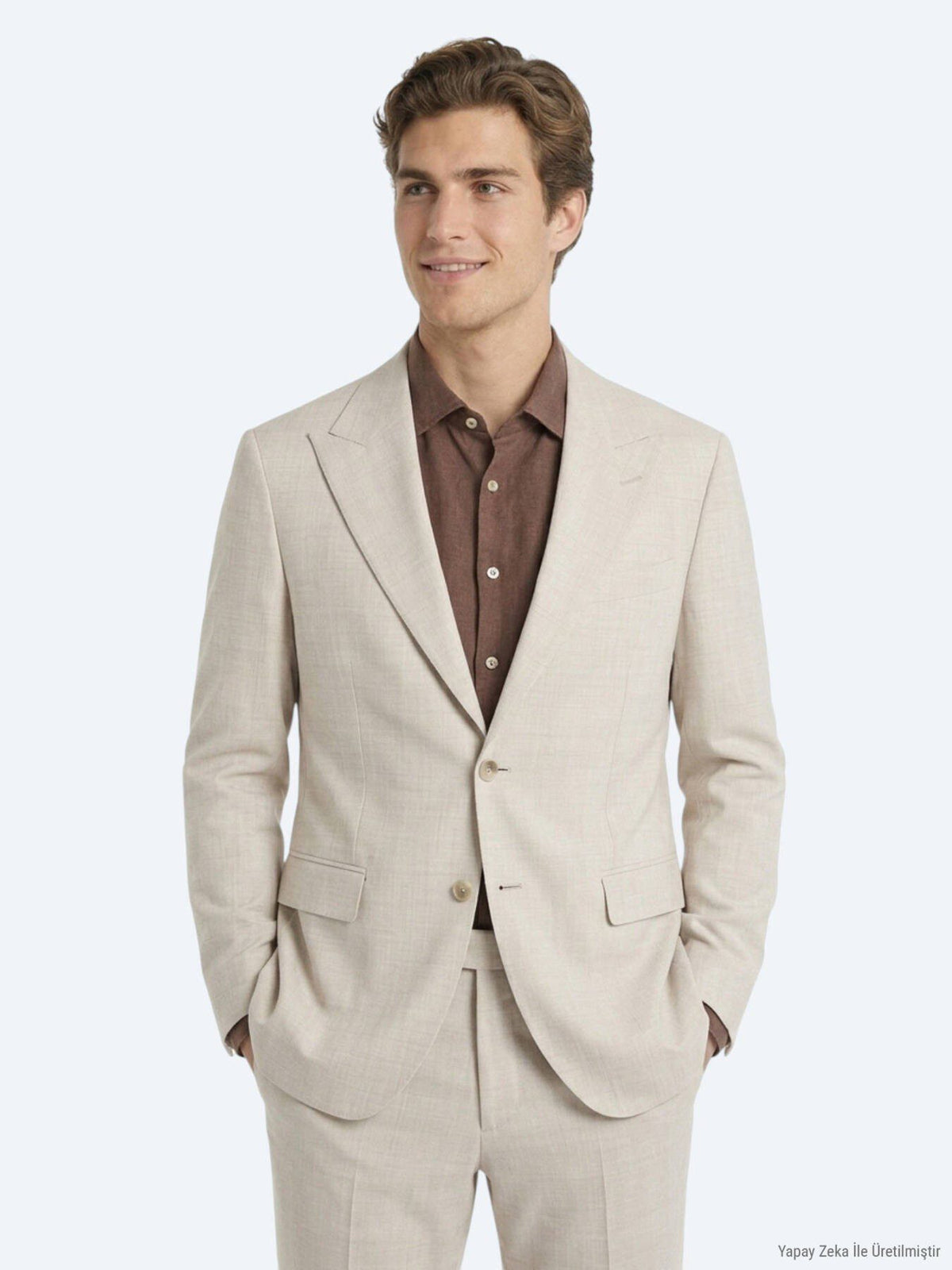 Beige Gemusterter Modern Fit Wollanzug