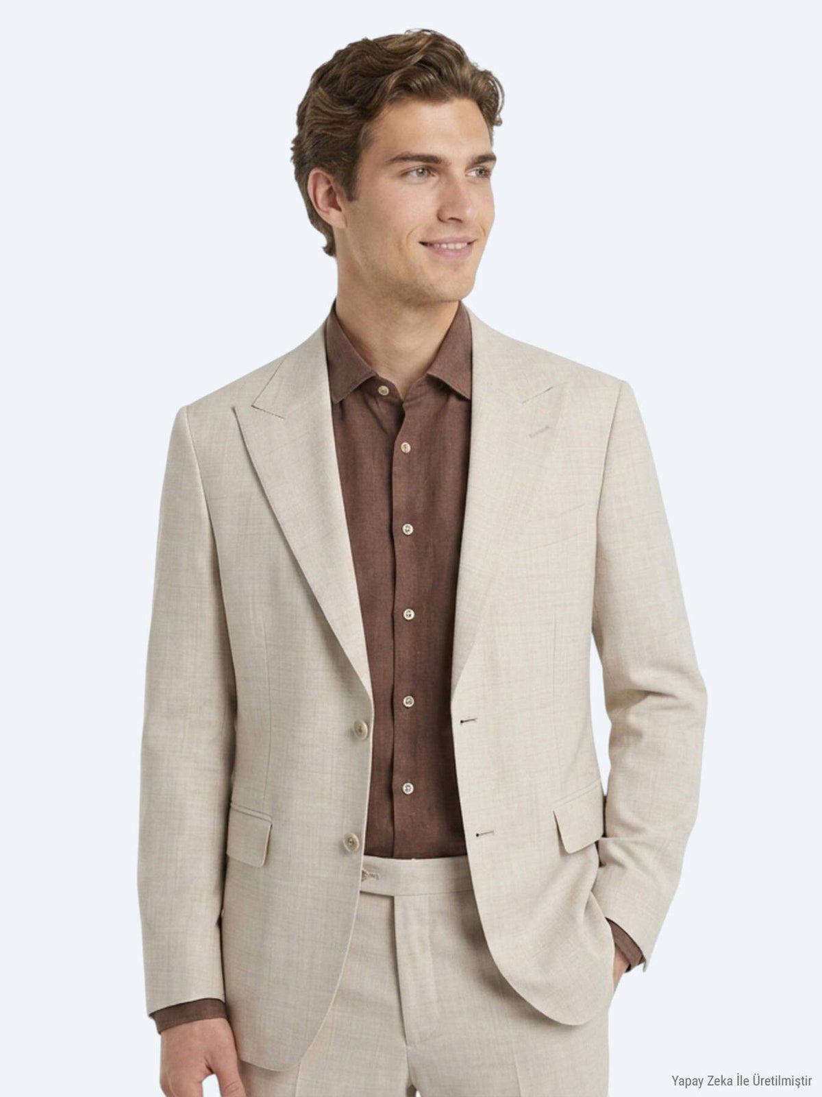 Beige Gemusterter Modern Fit Wollanzug