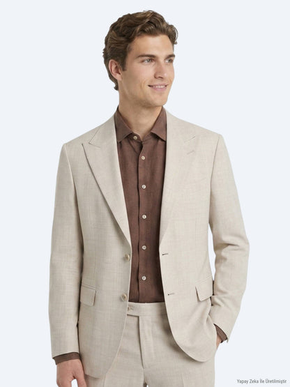 Beige Gemusterter Modern Fit Wollanzug