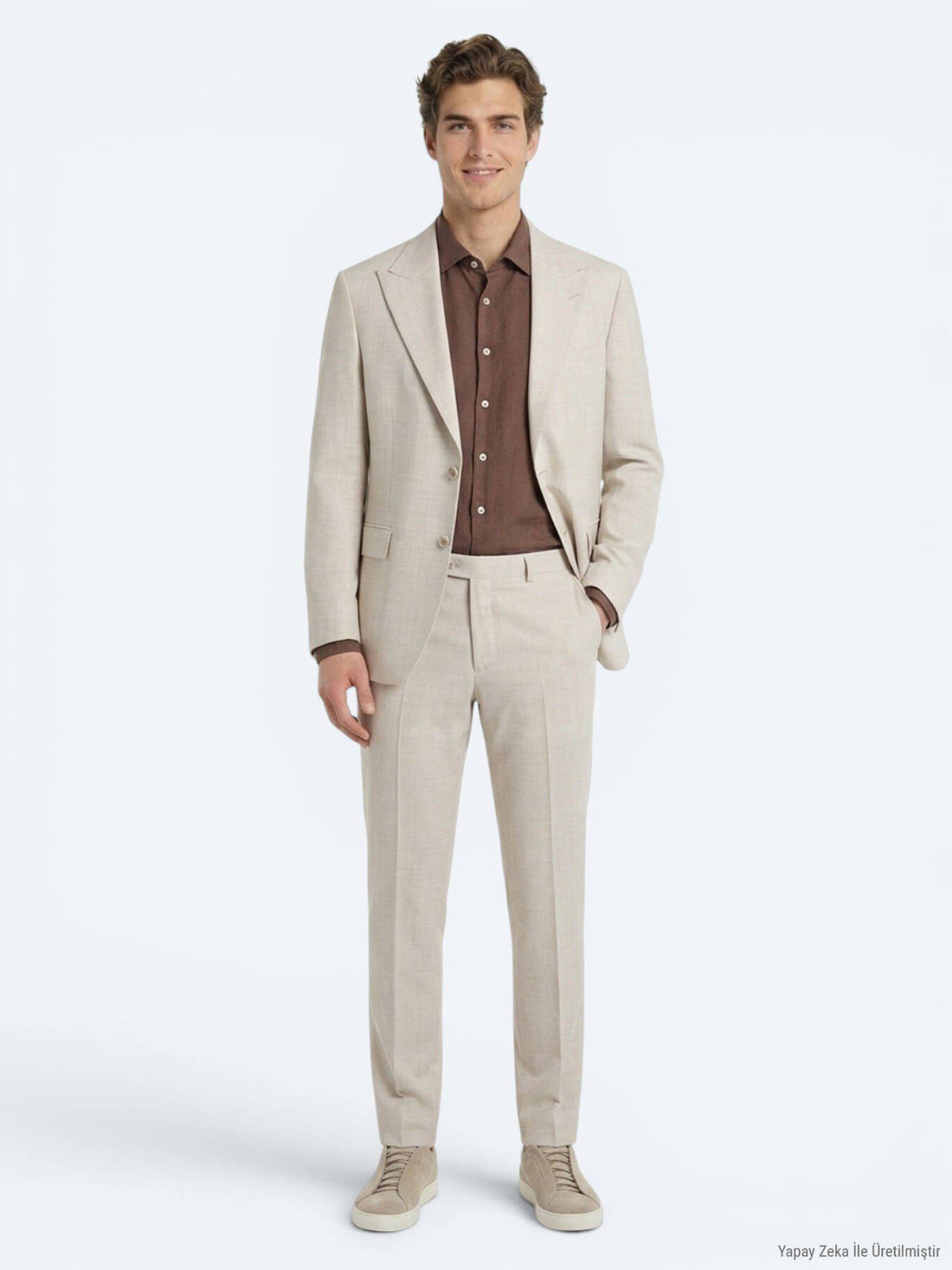 Beige Gemusterter Modern Fit Wollanzug