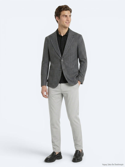 Hartkohle Gestreifter Modern Fit Leinenblazer