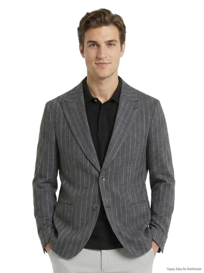 Hartkohle Gestreifter Modern Fit Leinenblazer
