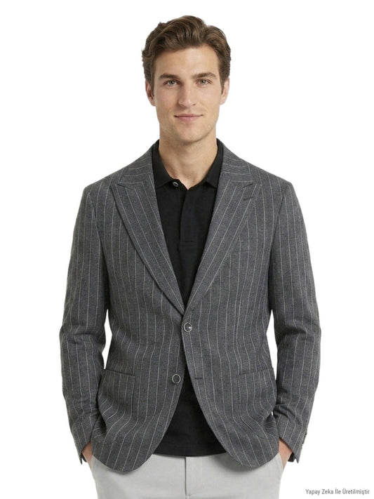 Hartkohle Gestreifter Modern Fit Leinenblazer