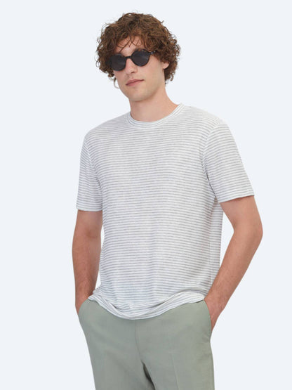 Grau Gestreiftes 100% Leinen T-Shirt