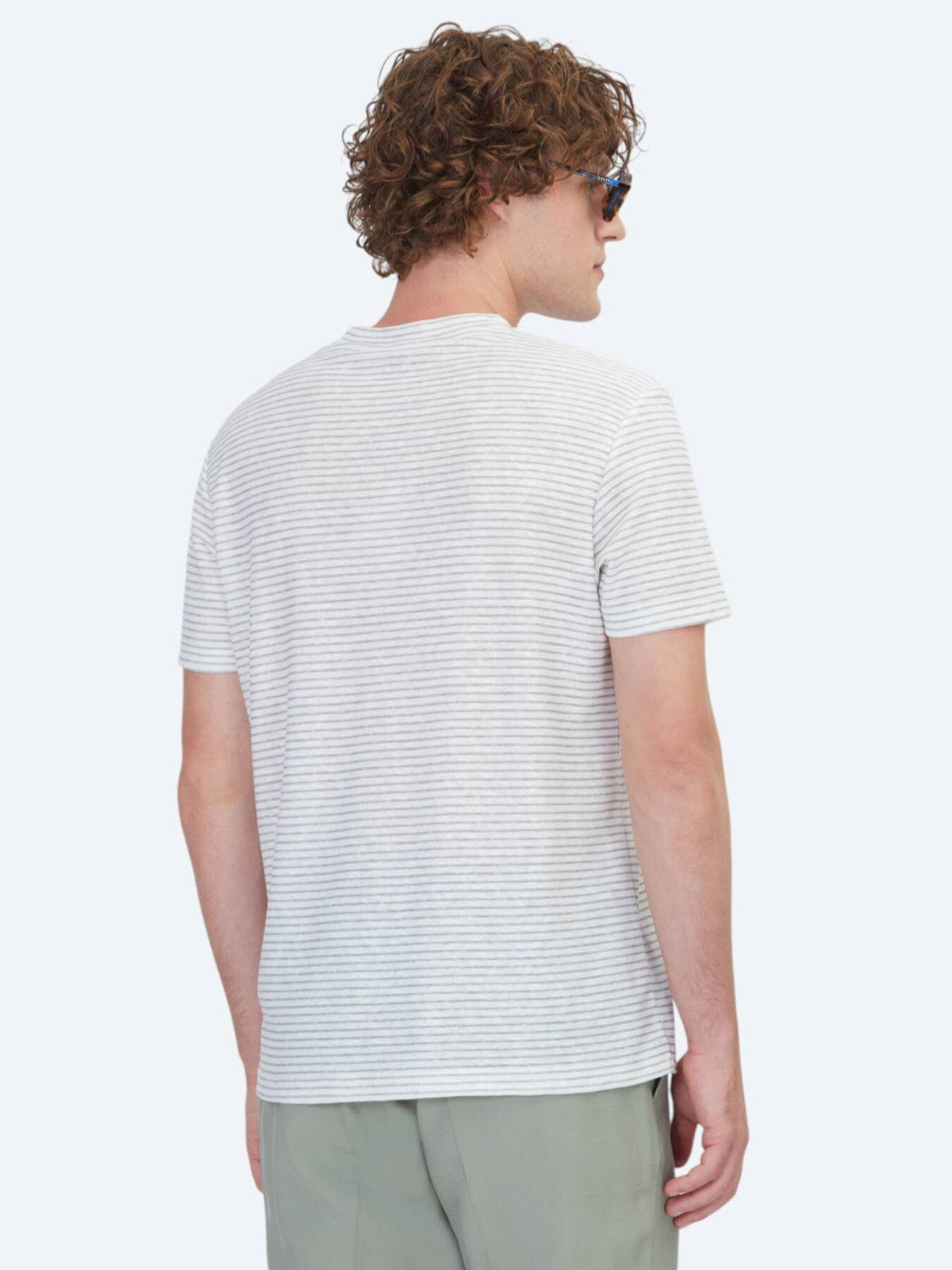 Grau Gestreiftes 100% Leinen T-Shirt
