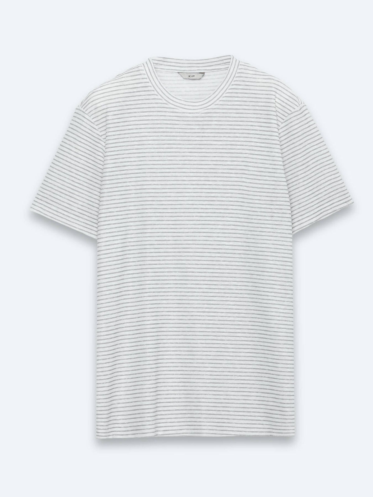 Grau Gestreiftes 100% Leinen T-Shirt