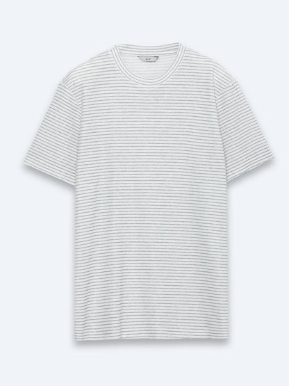 Grau Gestreiftes 100% Leinen T-Shirt