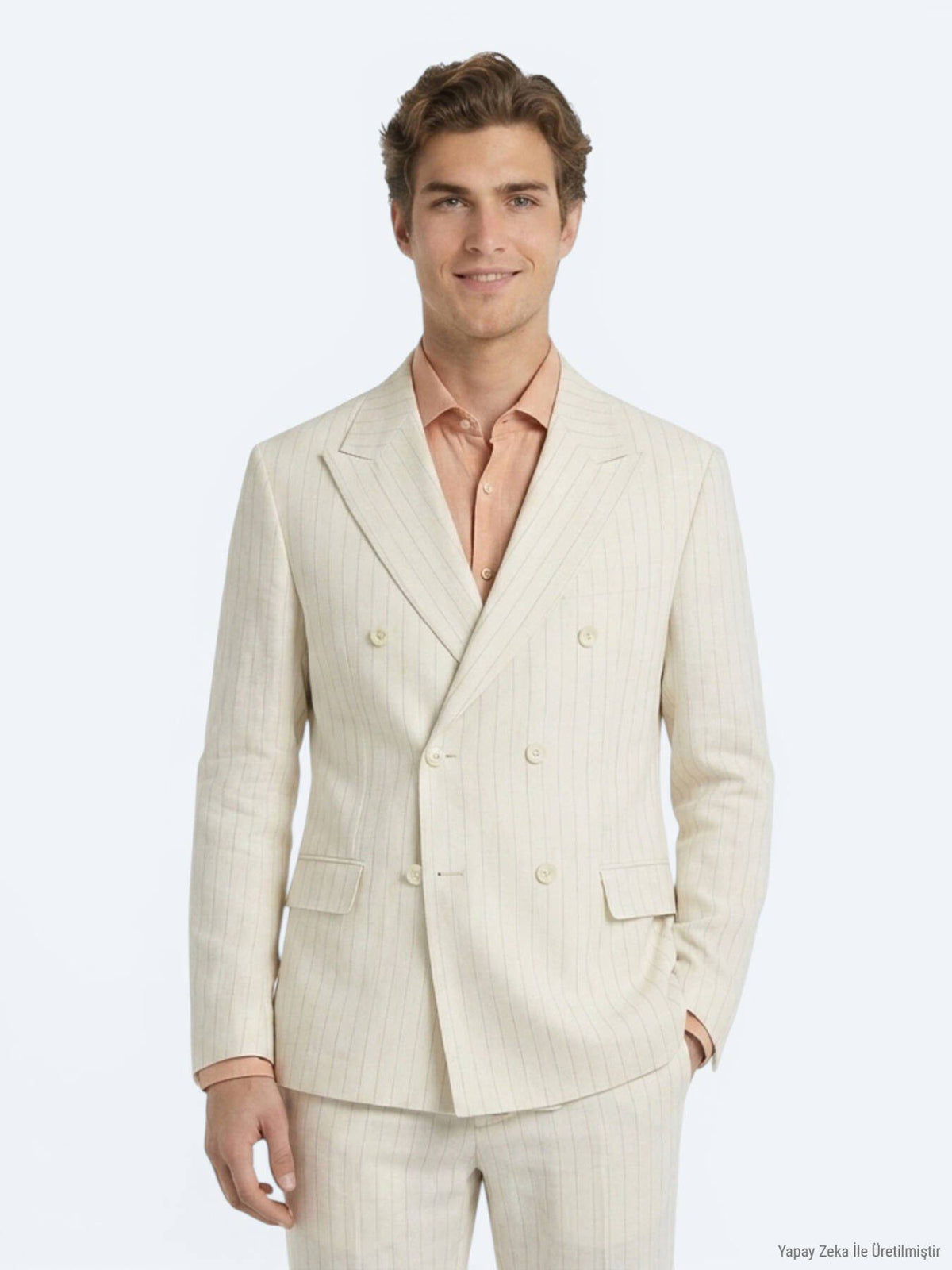 Beige Gestreifter Modern Fit Anzug