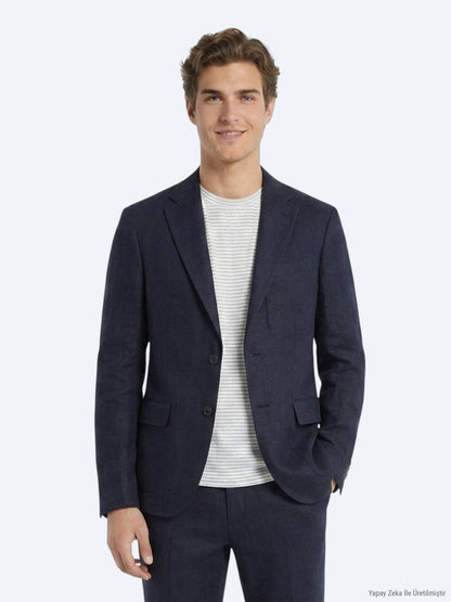 Marineblauer Komfort Fit 100% Leinenanzug
