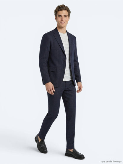 Marineblauer Komfort Fit 100% Leinenanzug
