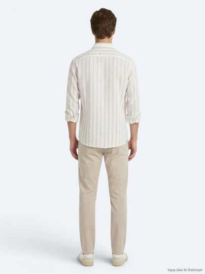 Hellbeige gestreiftes Oversize Leinenhemd