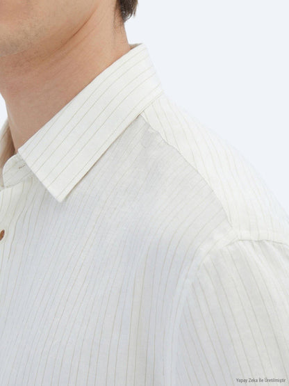 Hellbeige gestreiftes Oversize Leinenhemd