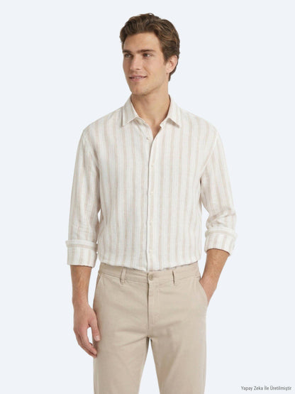 Hellbeige gestreiftes Oversize Leinenhemd