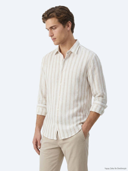 Hellbeige gestreiftes Oversize Leinenhemd