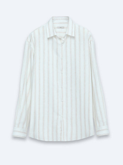 Hellbeige gestreiftes Oversize Leinenhemd