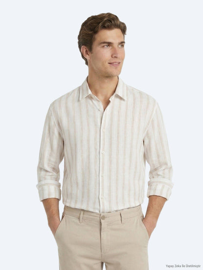 Hellbeige gestreiftes Oversize Leinenhemd