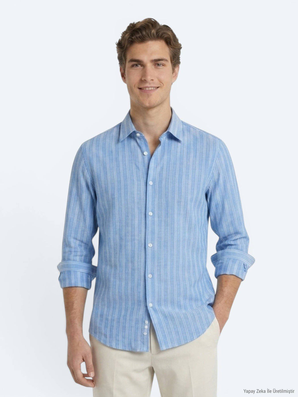 Hellblau Gestreiftes Regular Fit Hemd 100% Baumwolle