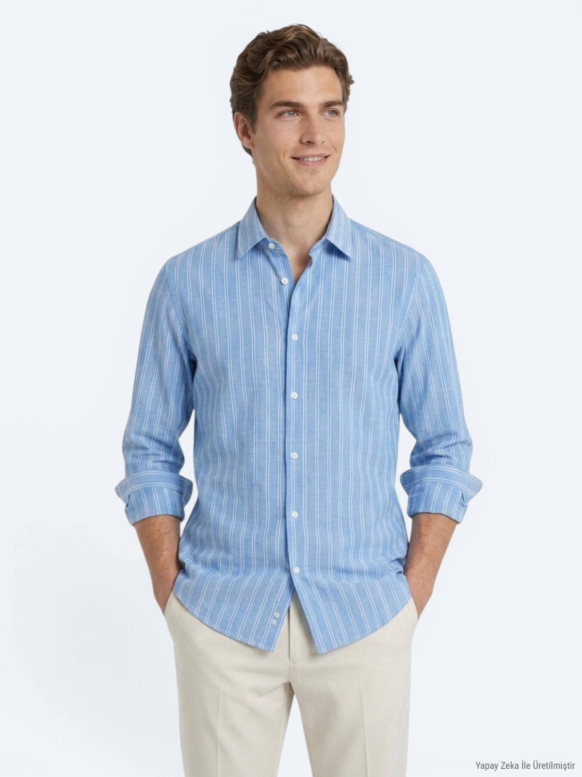 Hellblau Gestreiftes Regular Fit Hemd 100% Baumwolle