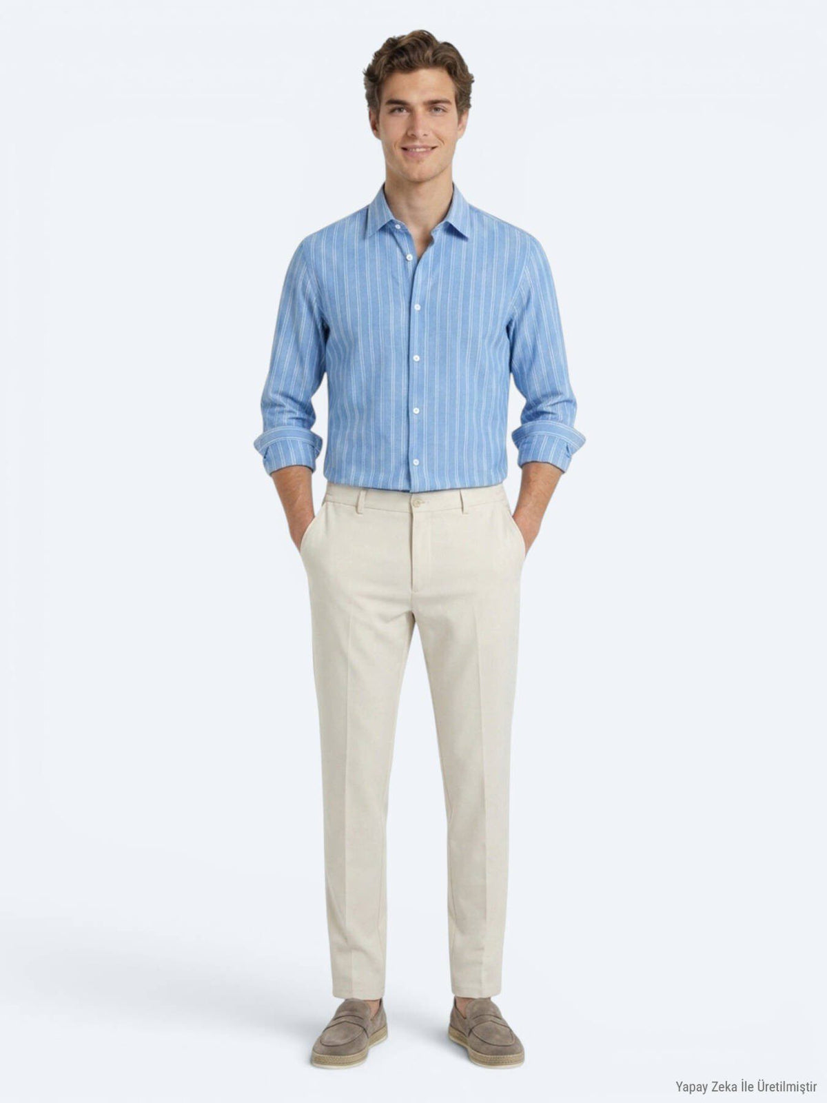 Hellblau Gestreiftes Regular Fit Hemd 100% Baumwolle