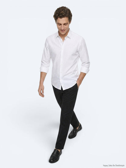 Weiß Gestreiftes Regular Fit Baumwollhemd