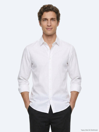 Weiß Gestreiftes Regular Fit Baumwollhemd