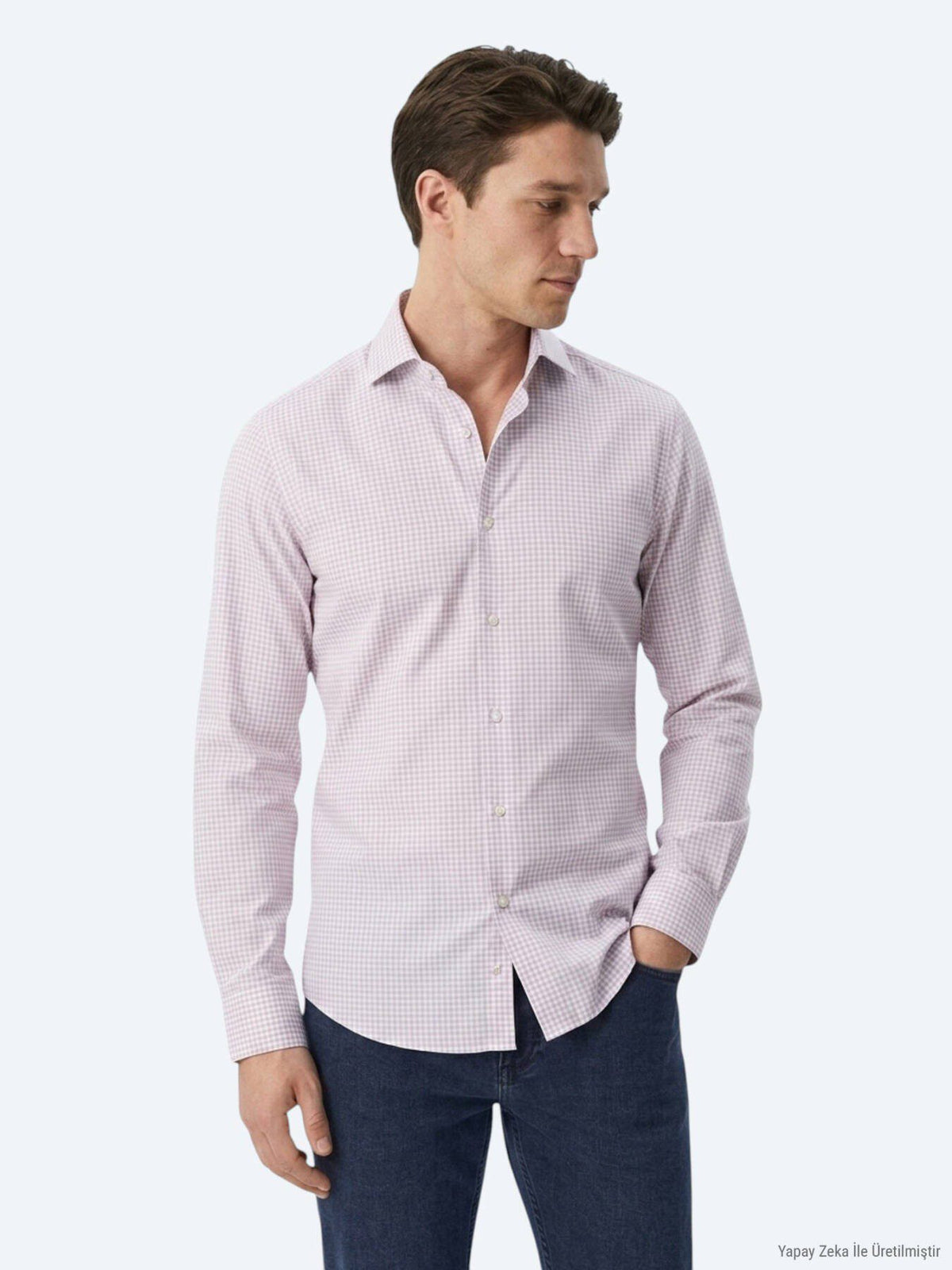 Hellblau Kariertes Regular Fit Strickhemd