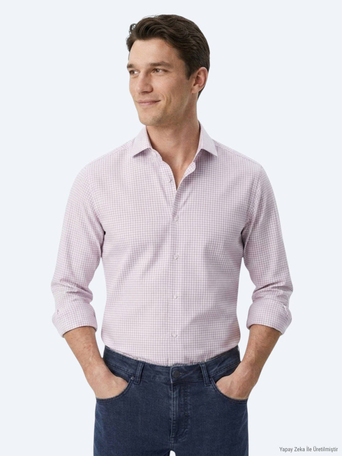 Hellblau Kariertes Regular Fit Strickhemd