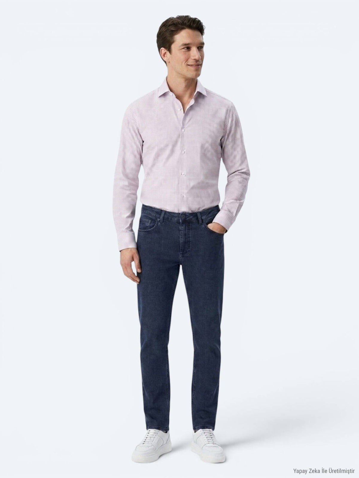 Hellblau Kariertes Regular Fit Strickhemd