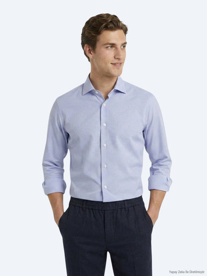 Blaues Micro Regular Fit Casual Hemd 100% Baumwolle