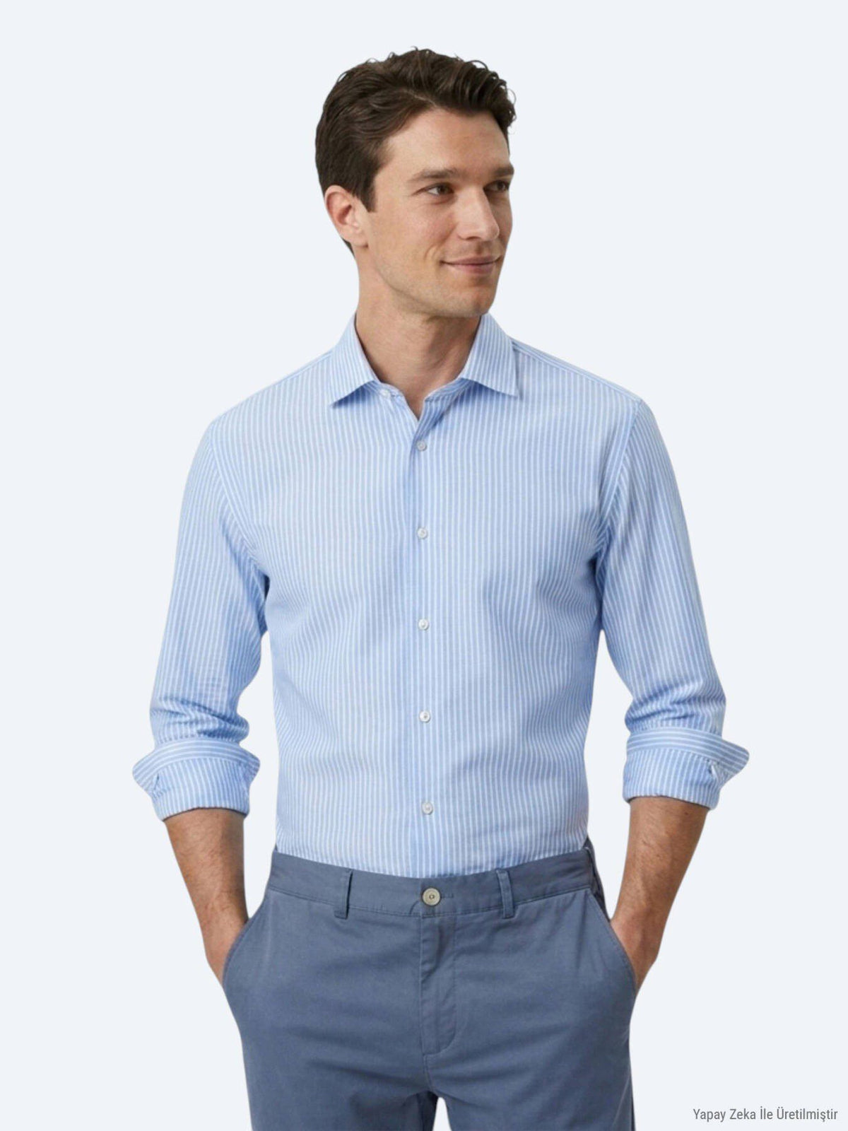 Blau Gestreiftes Regular Fit Baumwollhemd