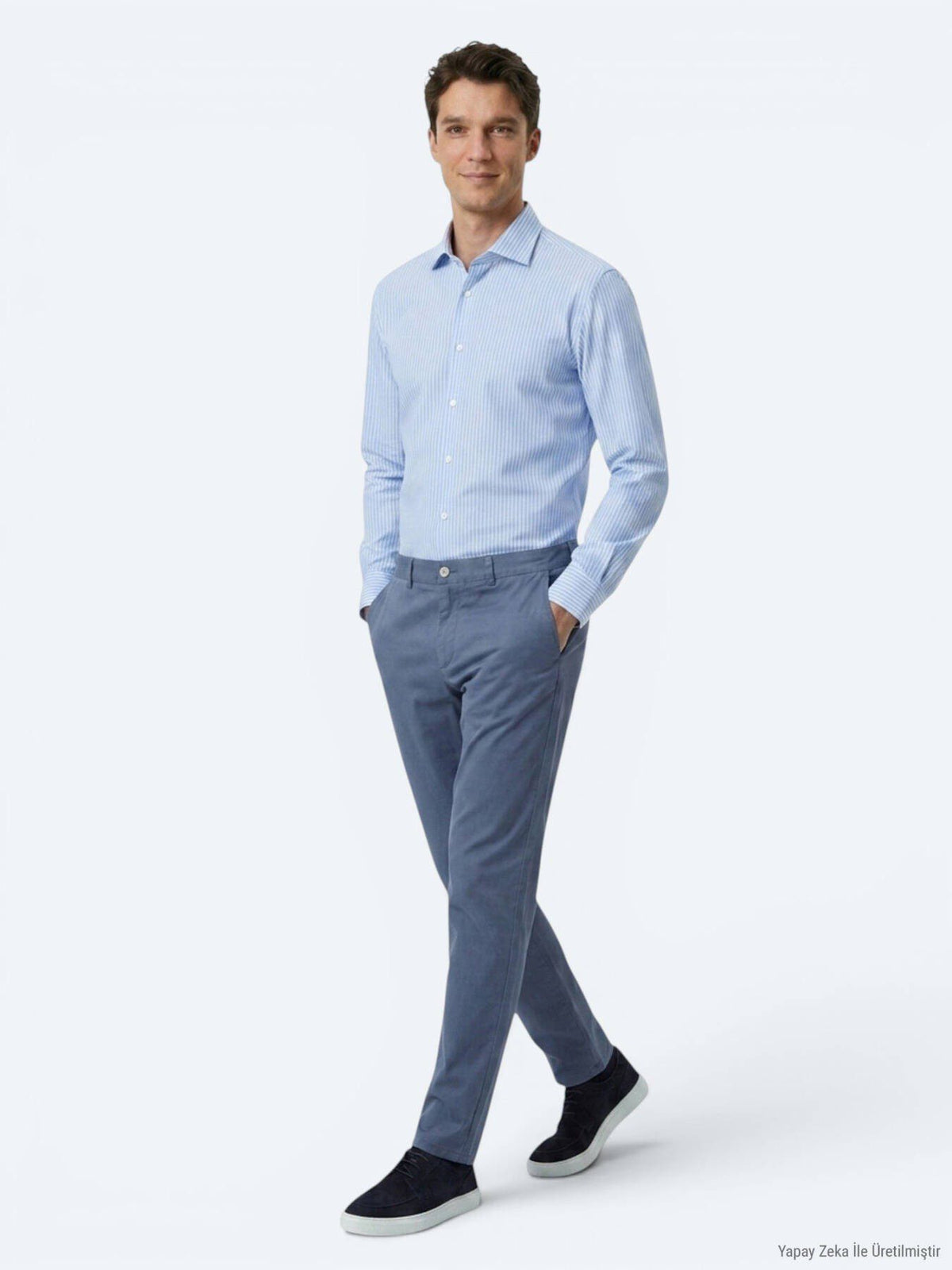 Blau Gestreiftes Regular Fit Baumwollhemd