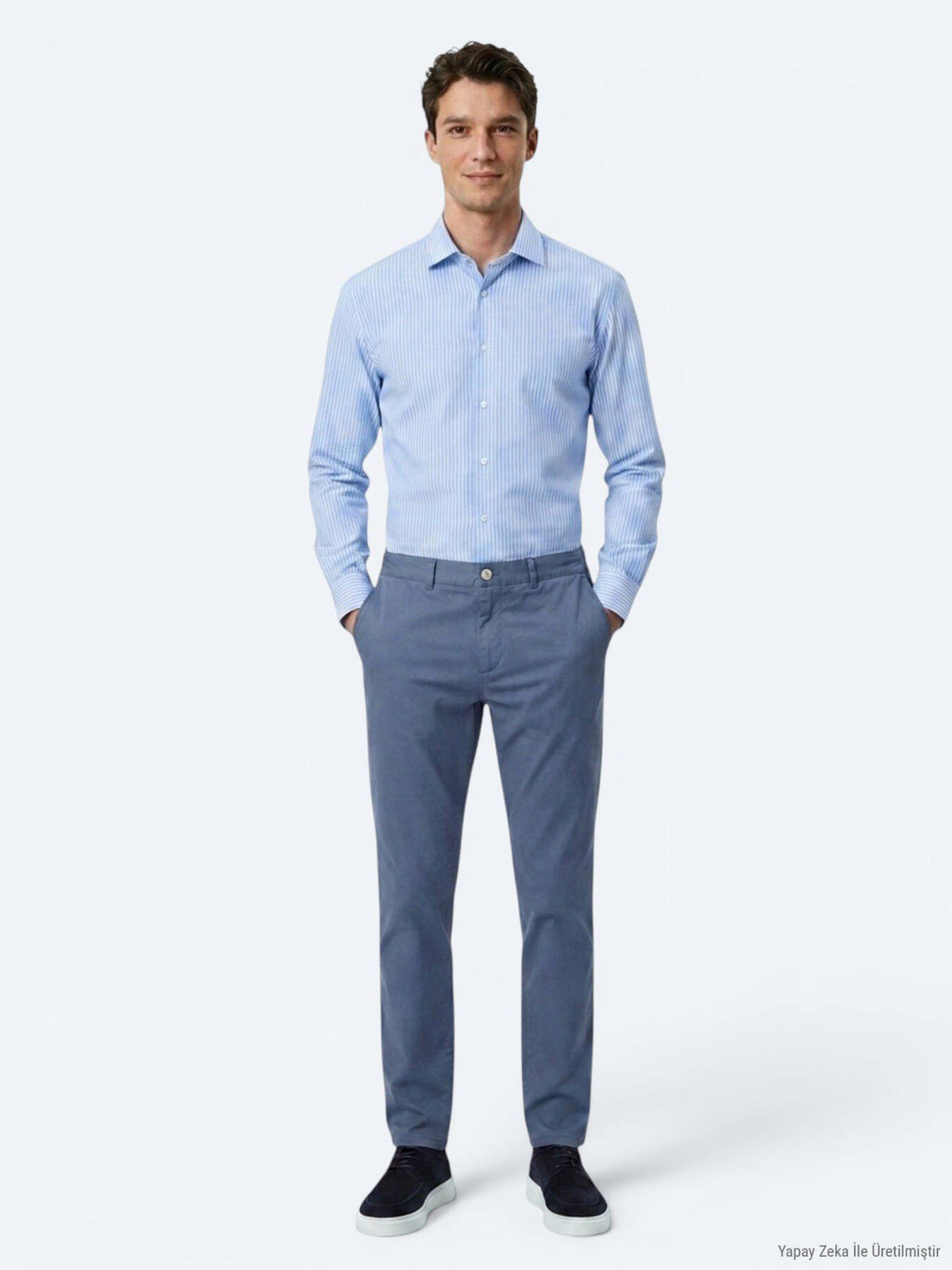 Blau Gestreiftes Regular Fit Baumwollhemd