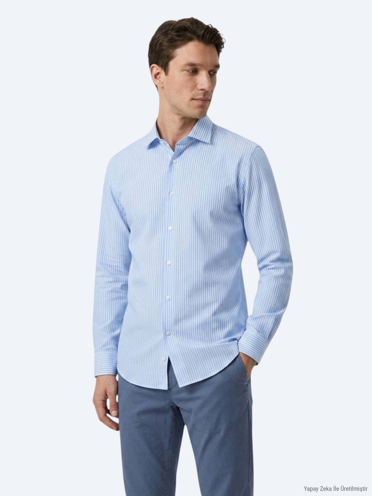 Blau Gestreiftes Regular Fit Baumwollhemd