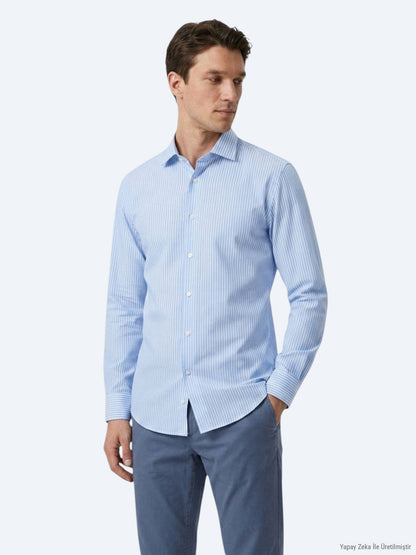 Blau Gestreiftes Regular Fit Baumwollhemd
