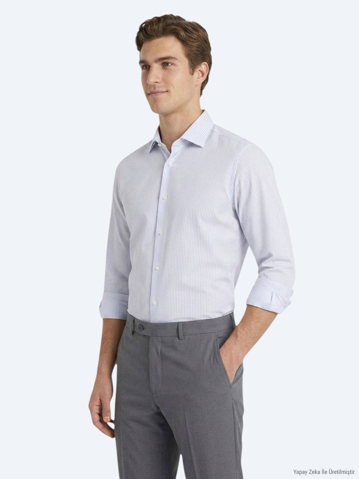 Grau Gestreiftes Regular Fit Baumwollhemd