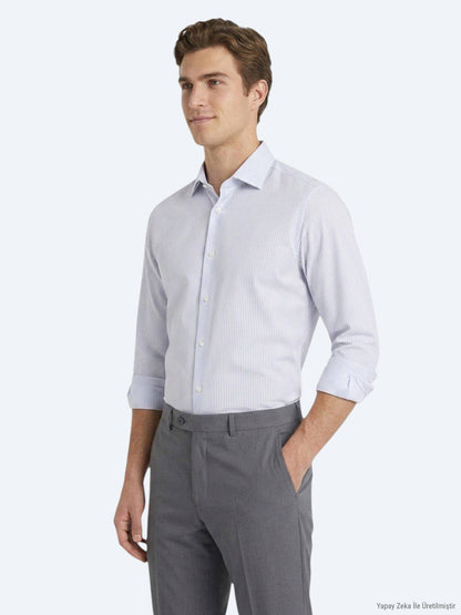 Grau Gestreiftes Regular Fit Baumwollhemd
