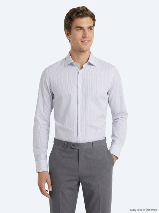 Grau Gestreiftes Regular Fit Baumwollhemd