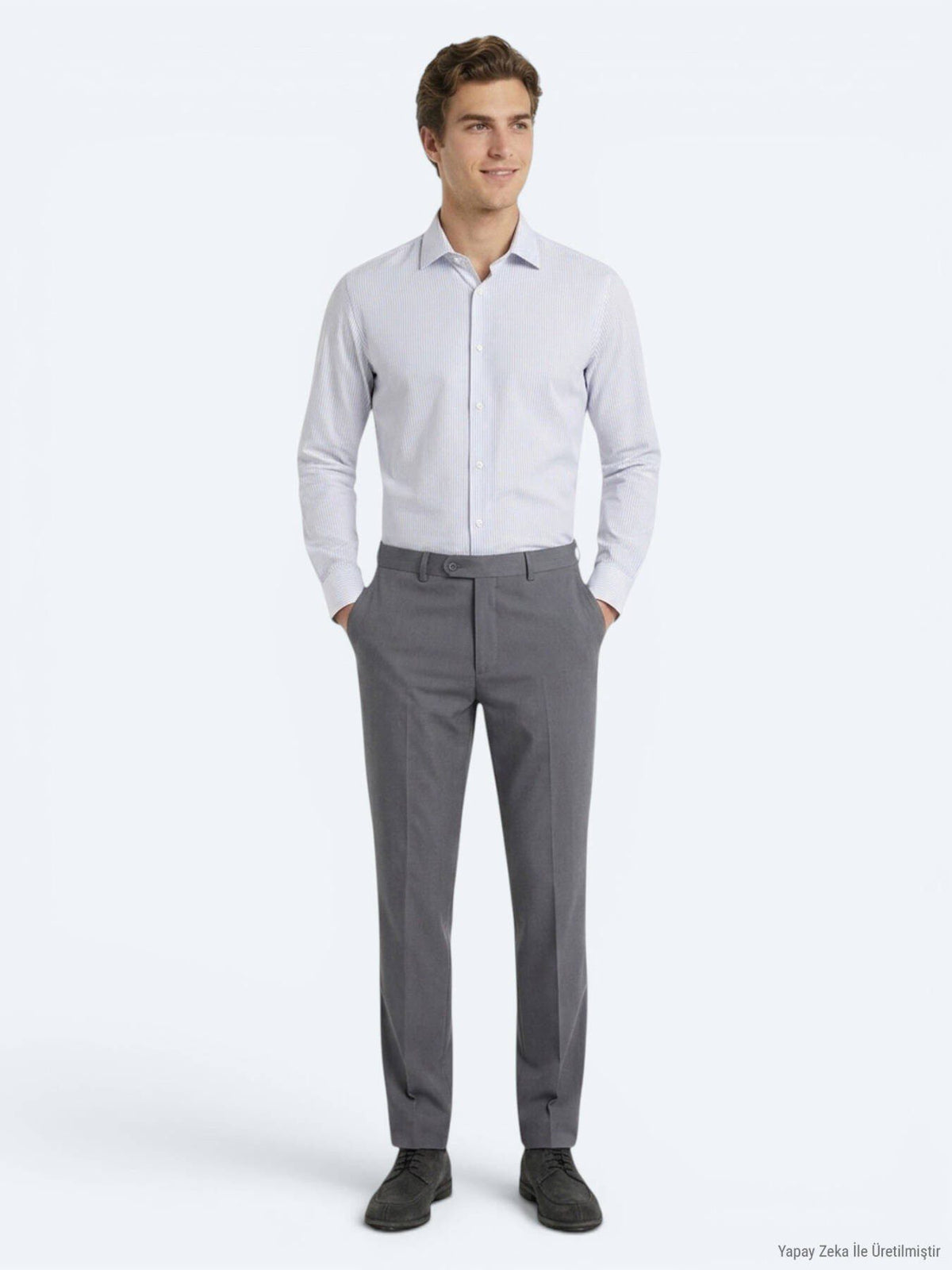 Grau Gestreiftes Regular Fit Baumwollhemd