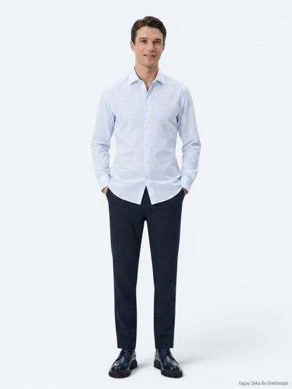 Hellblau Gestreiftes Regular Fit Casual Hemd