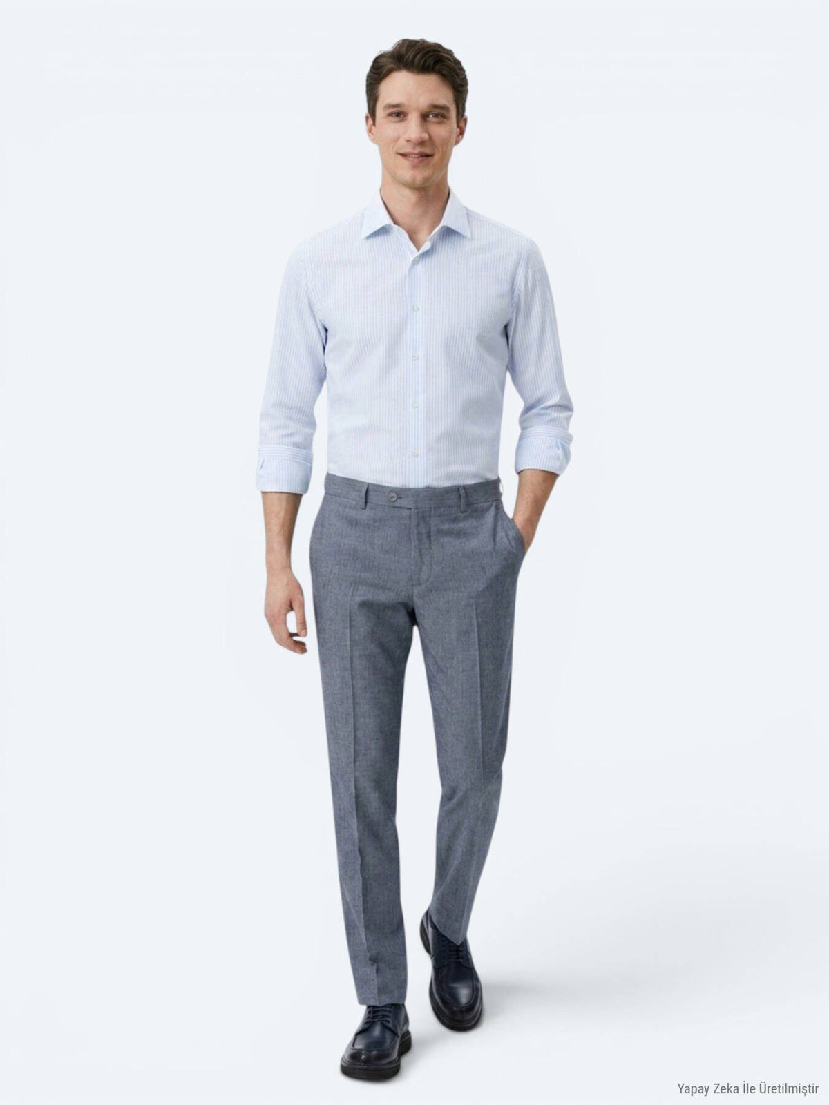 Hellblau Gestreiftes Regular Fit Baumwollhemd