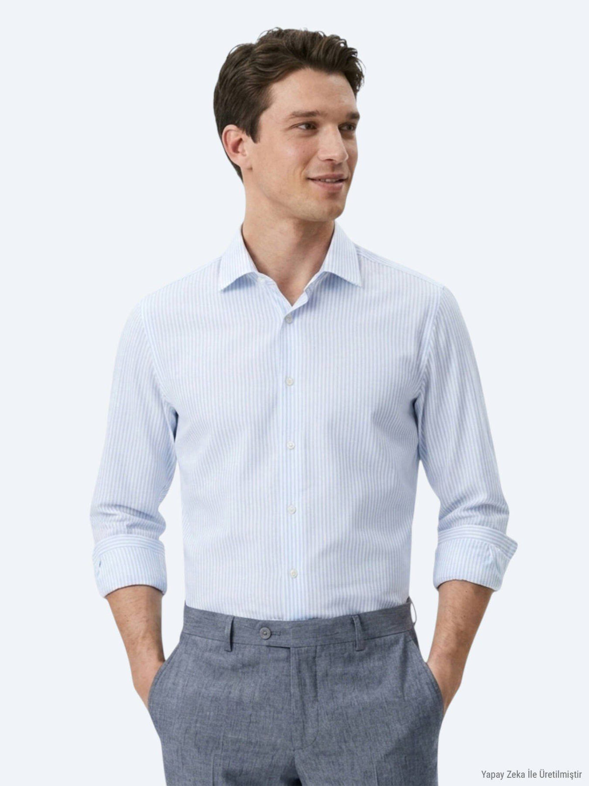 Hellblau Gestreiftes Regular Fit Baumwollhemd